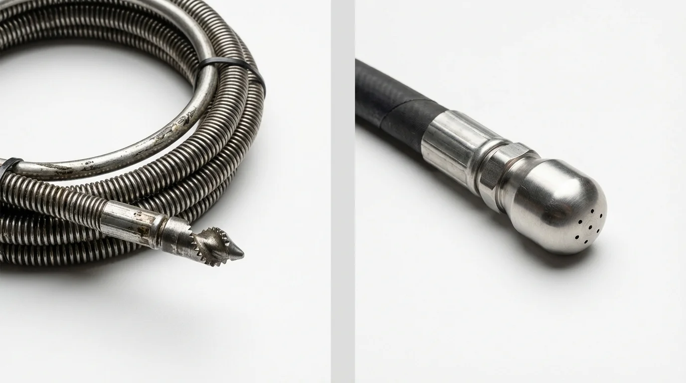 Drain snake cable and hydro jetting nozzle used for drain cleaning in Greenville, ME
