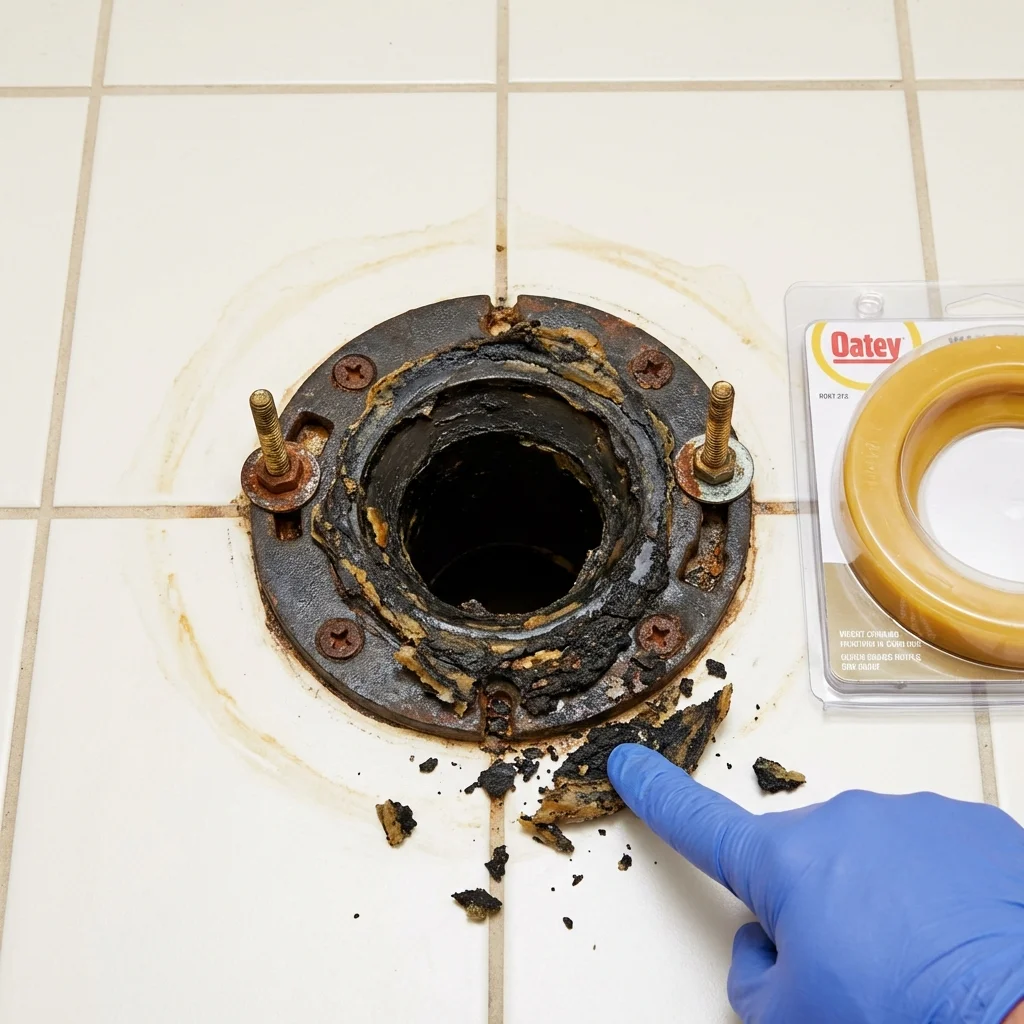 Failed wax ring showing water seepage at the base of a toilet in a Greenville, ME home