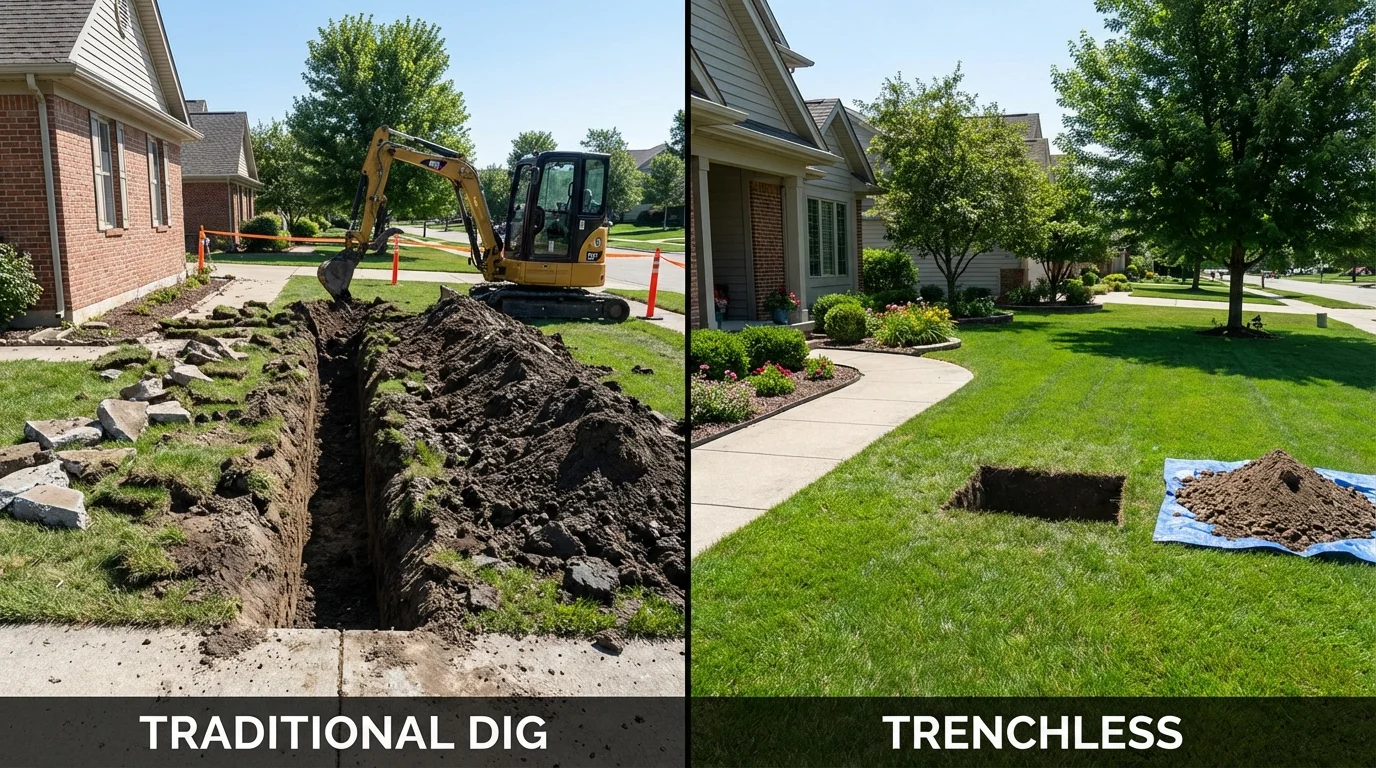 Trenchless sewer repair with minimal yard damage versus traditional excavation in Greenville, ME