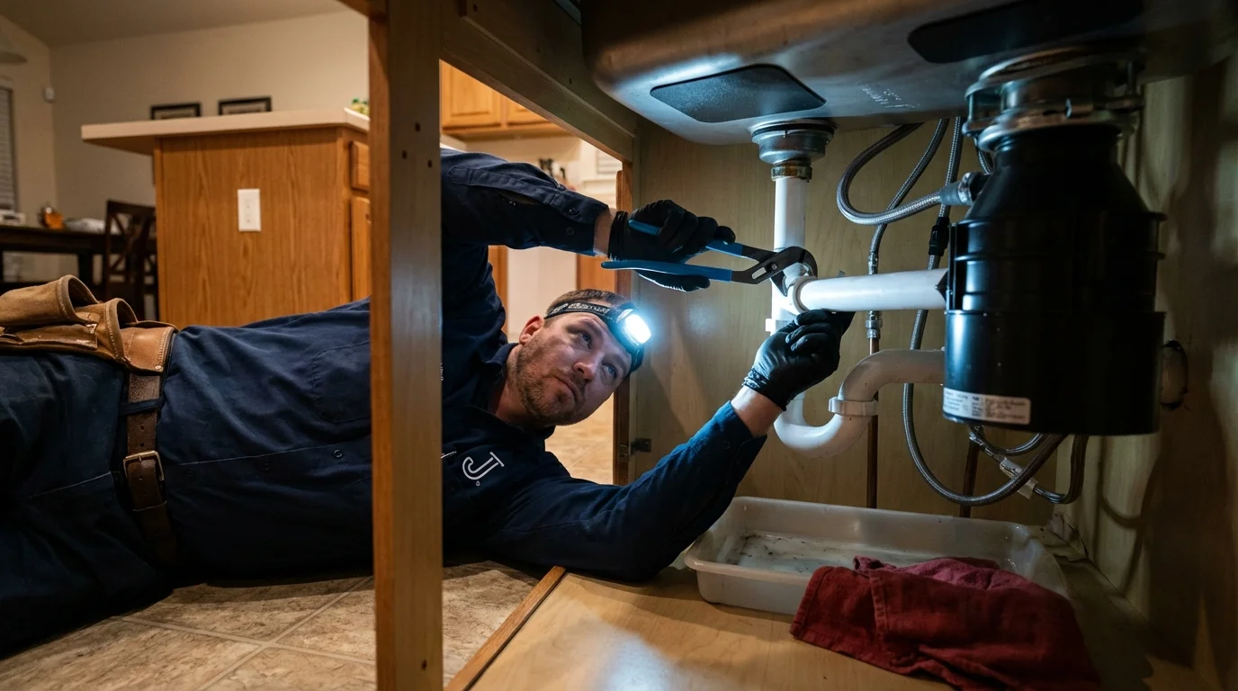 P-trap and supply line connections under a kitchen sink showing a common leak point in Greenville, ME